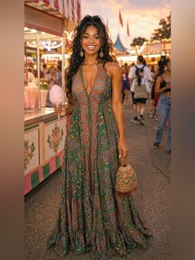 NWOT Enchanted Emerald Paisley Open Back Silk Blend Halter Maxi Dress